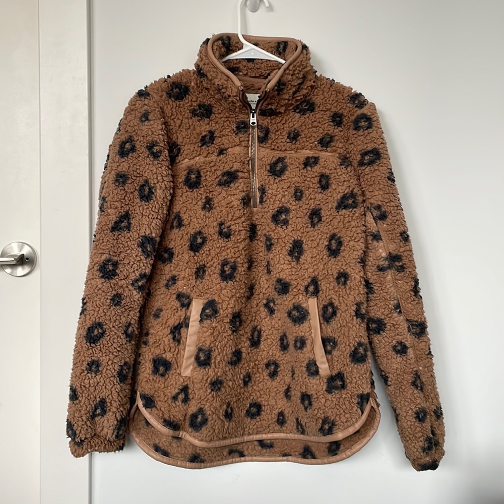 Sherpa Half-Zip Faux Leather-Trim Sweatshirt